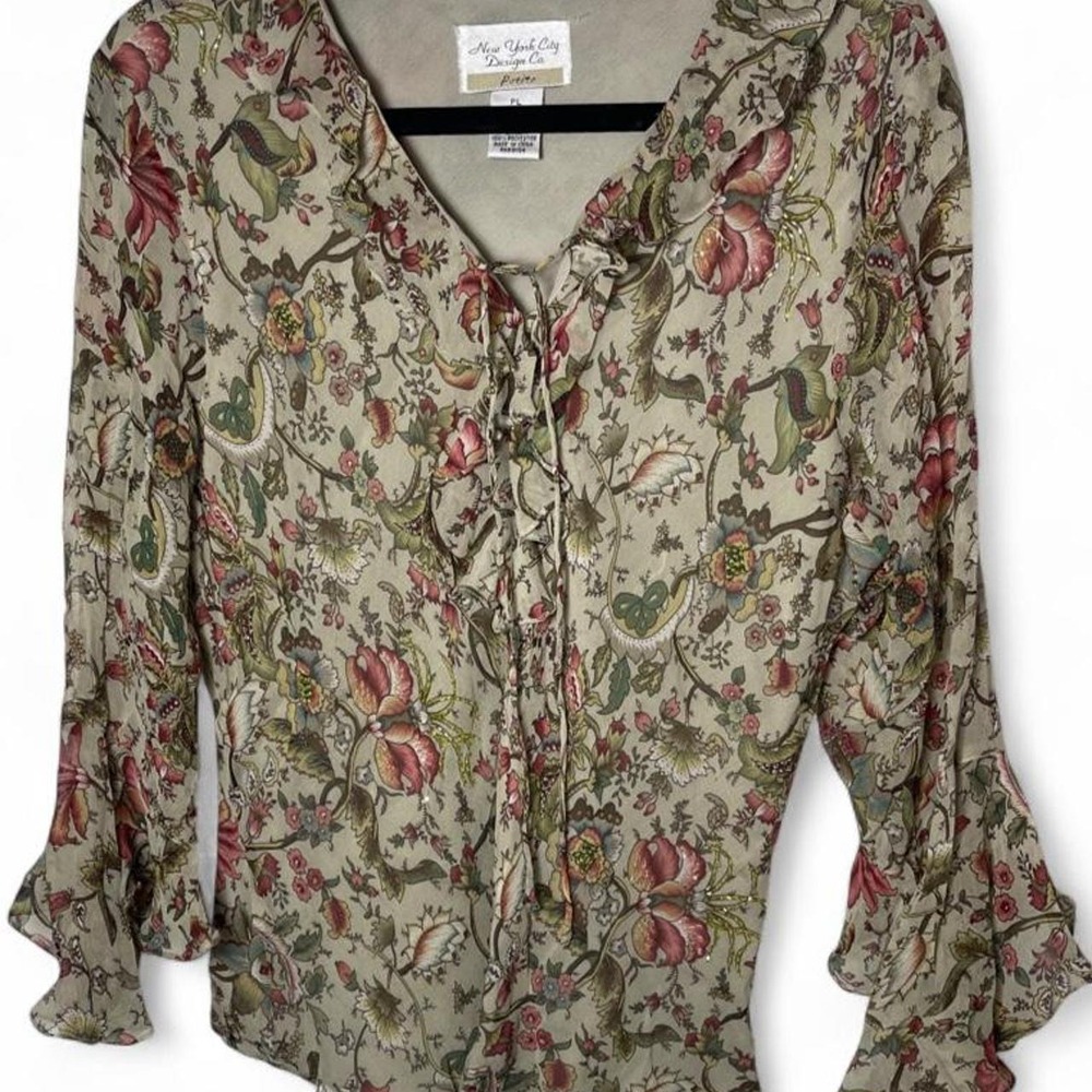 vintage 90s New York City Design Co. 100% silk beaded blouse with bell sleeves.